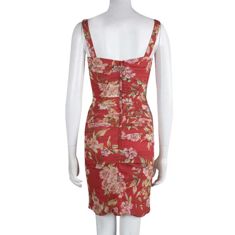 مملوكة مسبقًا Dolce And Gabbana Red Silk Floral Print Ruched Sleeveless Dress S