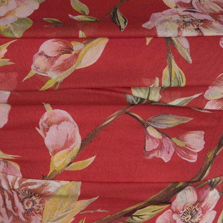 مملوكة مسبقًا Dolce And Gabbana Red Silk Floral Print Ruched Sleeveless Dress S