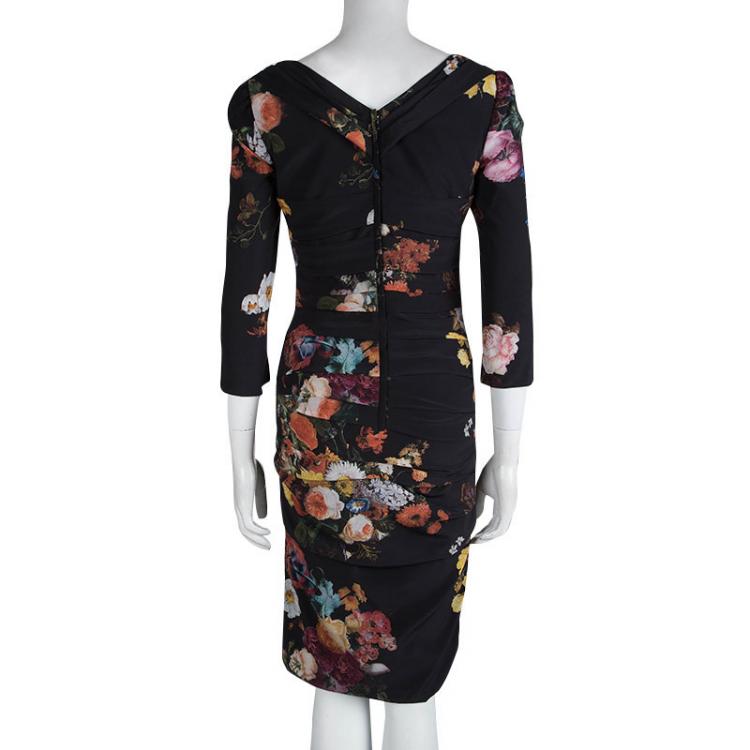 Pre Owned Dolce And Gabbana Black Silk Floral Print Draped Dress M