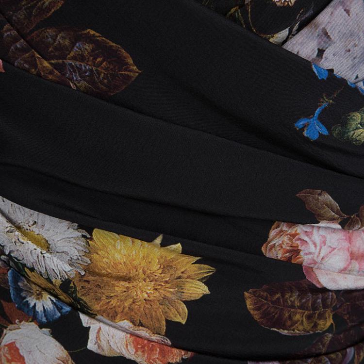 Pre Owned Dolce And Gabbana Black Silk Floral Print Draped Dress M