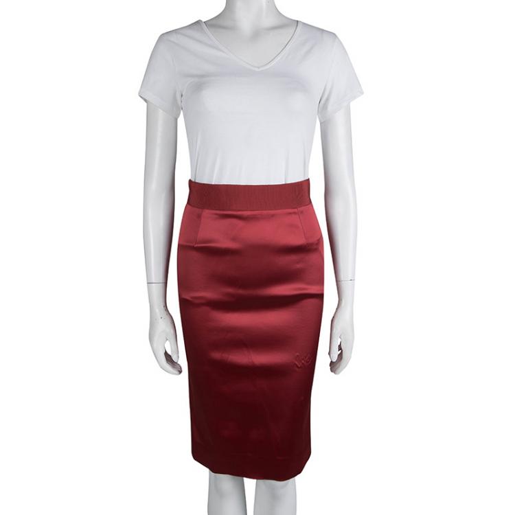 Pre Owned Dolce and Gabbana Red Satin Pencil Skirt S