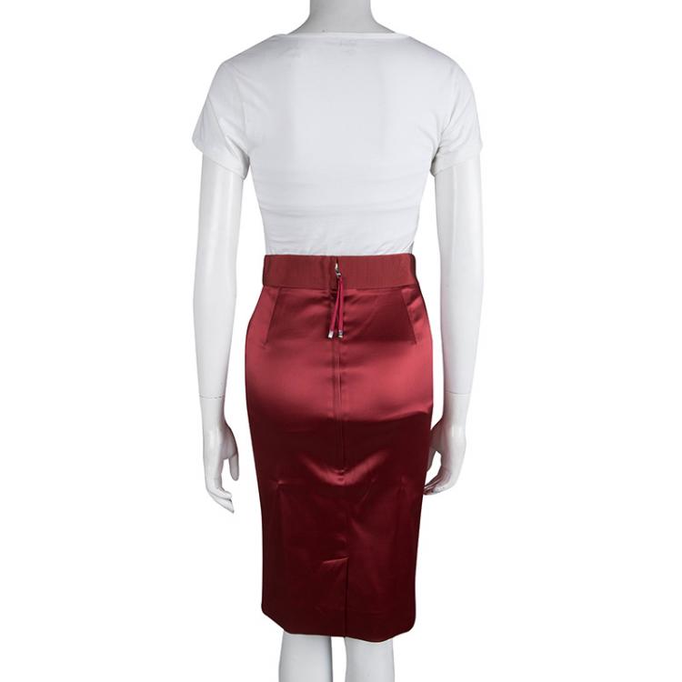 Pre Owned Dolce and Gabbana Red Satin Pencil Skirt S