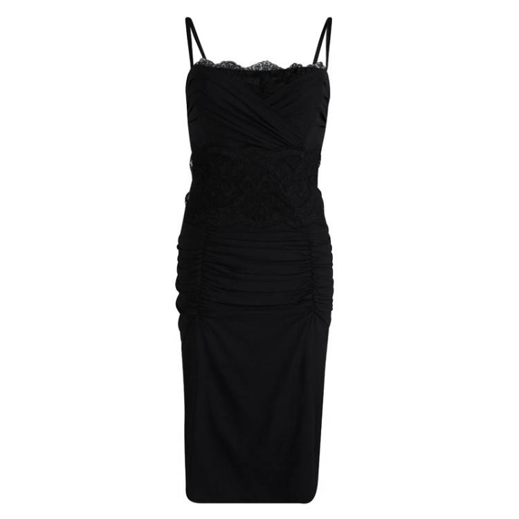 Pre Owned Dolce and Gabbana Black Silk Lace Detail Ruched Sleeveless Dress M