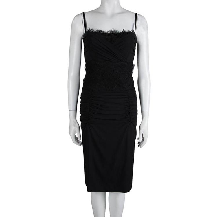Pre Owned Dolce and Gabbana Black Silk Lace Detail Ruched Sleeveless Dress M