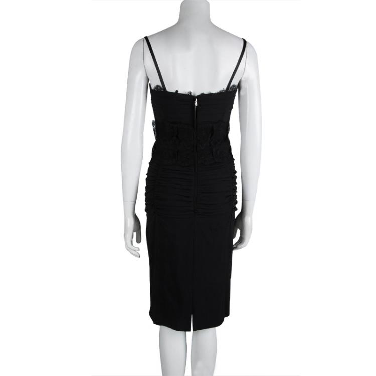 Pre Owned Dolce and Gabbana Black Silk Lace Detail Ruched Sleeveless Dress M