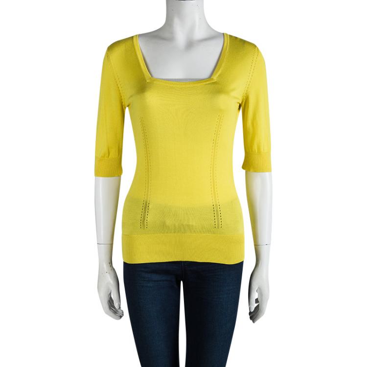 Pre Owned Dolce and Gabbana Yellow Silk Knit Short Sleeve Top S