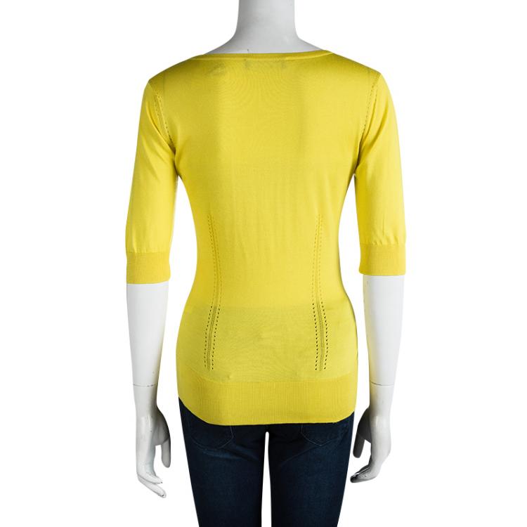 Pre Owned Dolce and Gabbana Yellow Silk Knit Short Sleeve Top S