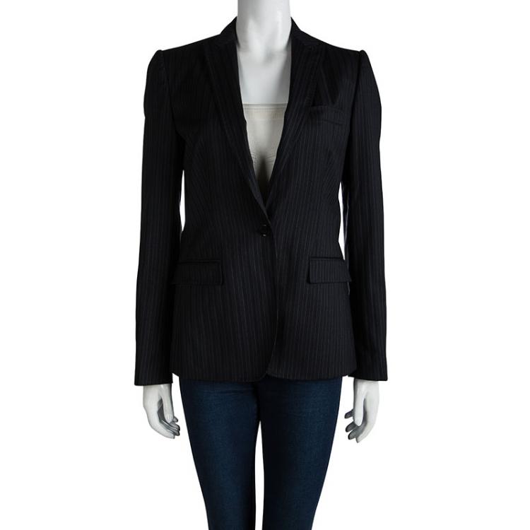 Pre Owned Dolce and Gabbana Black Wool Pinstriped Notched Collar Blazer M