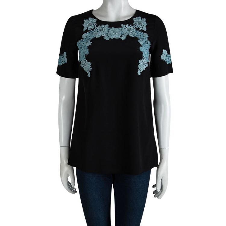 Pre Owned Dolce and Gabbana Black Silk Scallop Lace Detail Top S