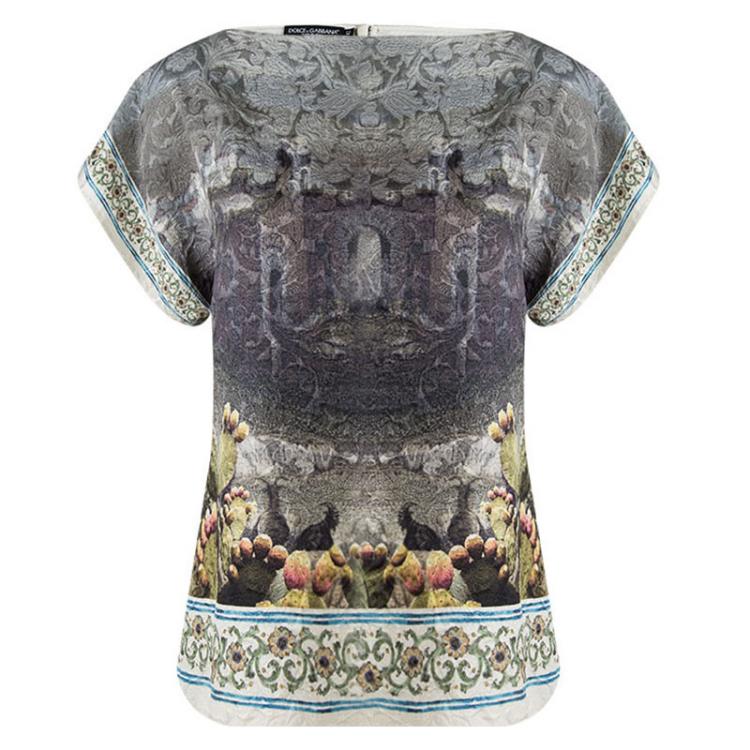 Pre Owned Dolce and Gabbana Multicolor Printed Jacquard Short Sleeve Top M