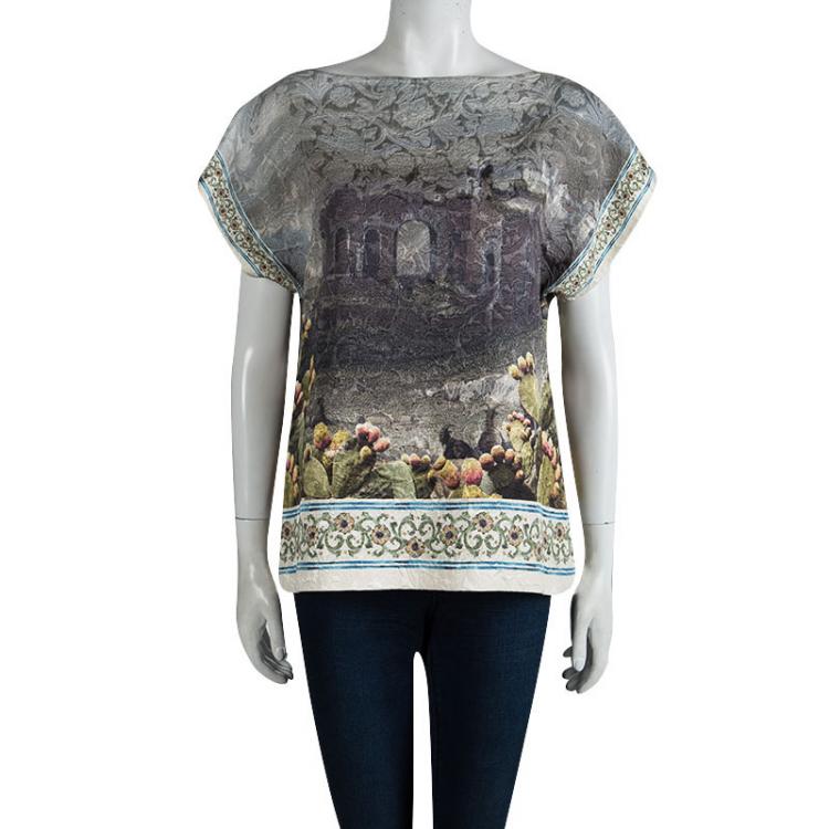 Pre Owned Dolce and Gabbana Multicolor Printed Jacquard Short Sleeve Top M