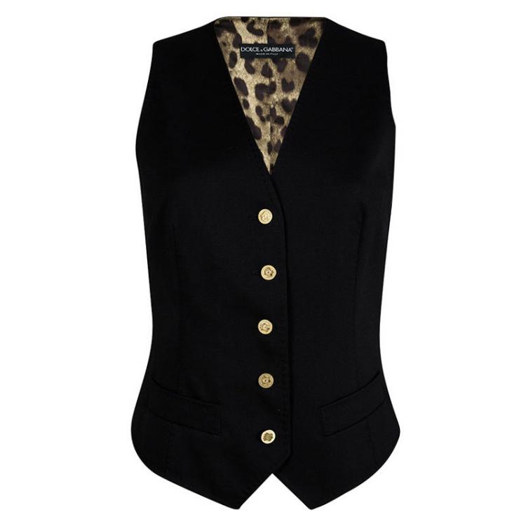 Pre Owned Dolce and Gabbana Black Leopard Print Lined Fitted Waistcoat M
