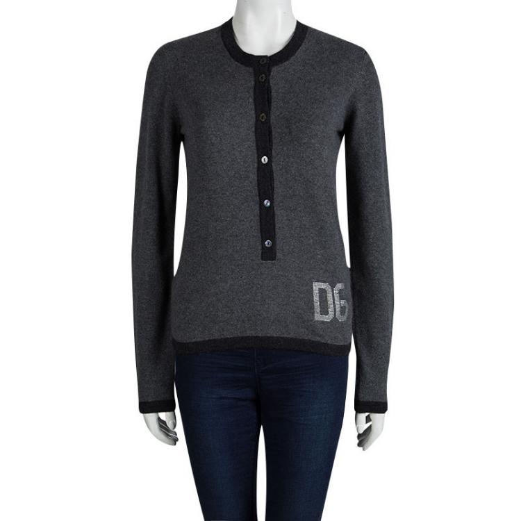 Pre Owned Dolce And Gabbana Grey Cashmere Embellished Logo Detail Sweater M