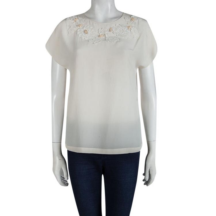 Pre Owned Dolce and Gabbana Cream Lace Applique Detail Top M