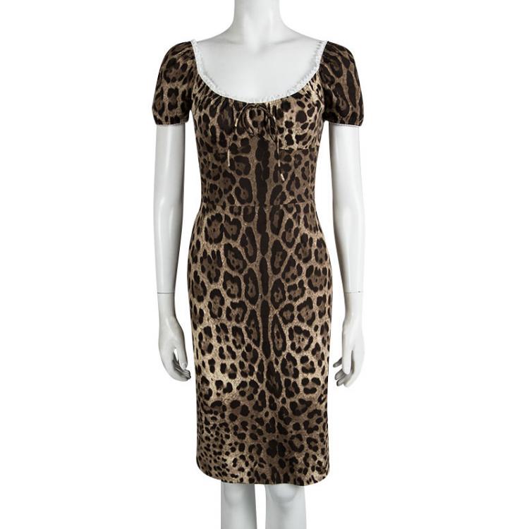 Pre Owned Dolce and Gabbana Leopard Printed Lace Trim Detail Dress S