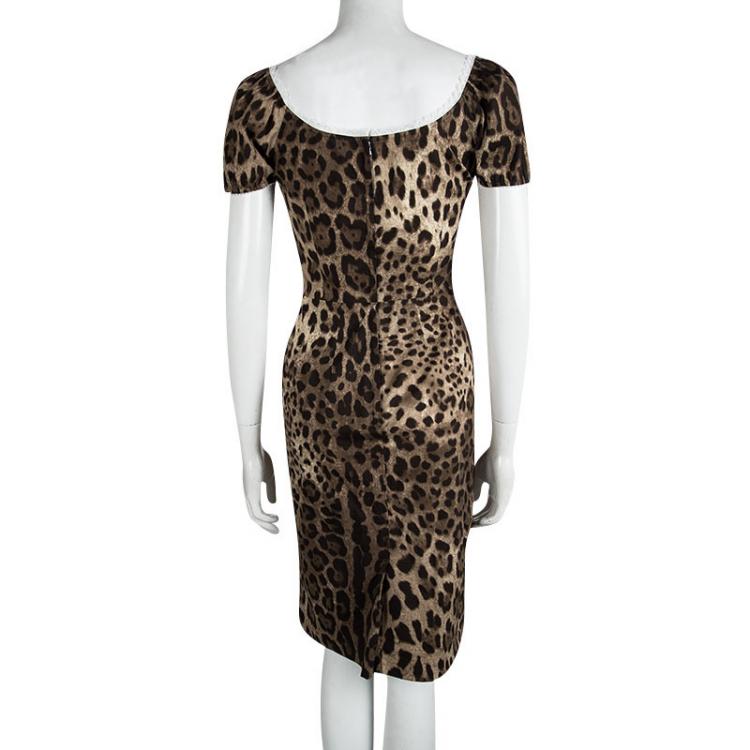 Pre Owned Dolce and Gabbana Leopard Printed Lace Trim Detail Dress S