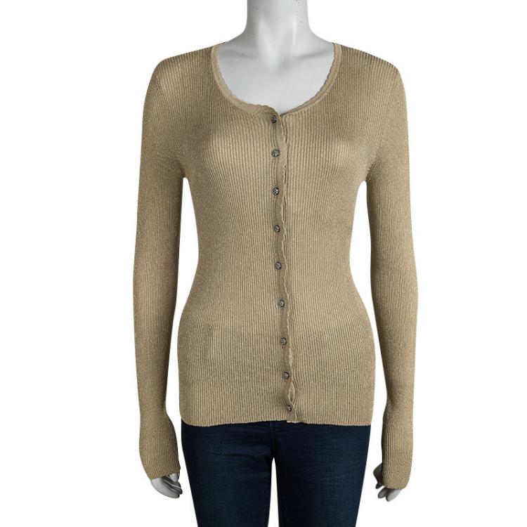 Pre Owned Dolce And Gabbana Beige Lurex Knit Embellished Button Cardigan M