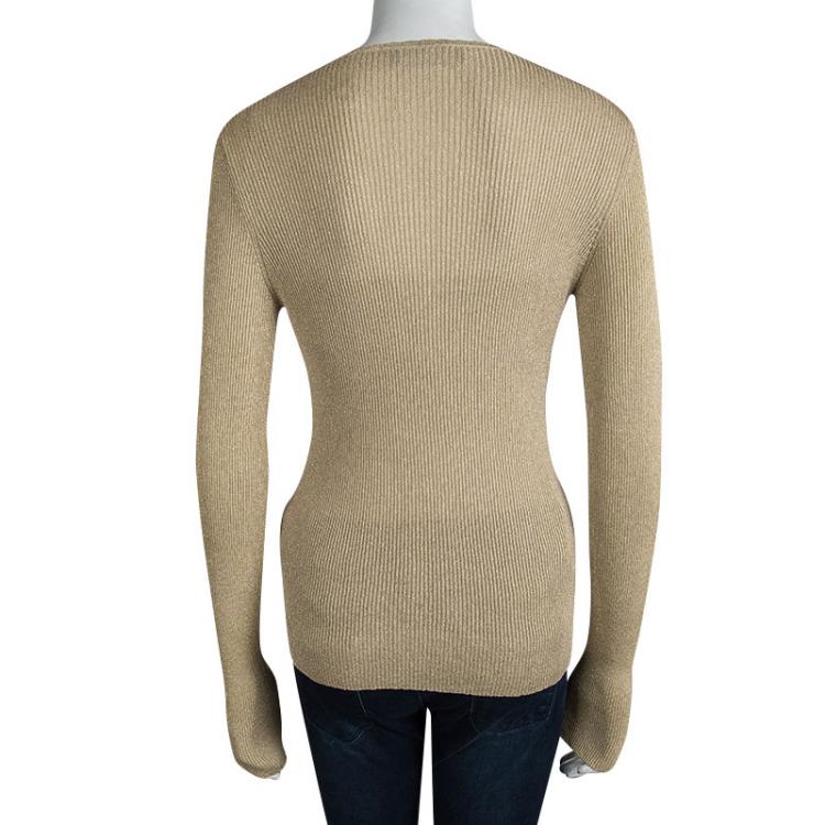 Pre Owned Dolce And Gabbana Beige Lurex Knit Embellished Button Cardigan M