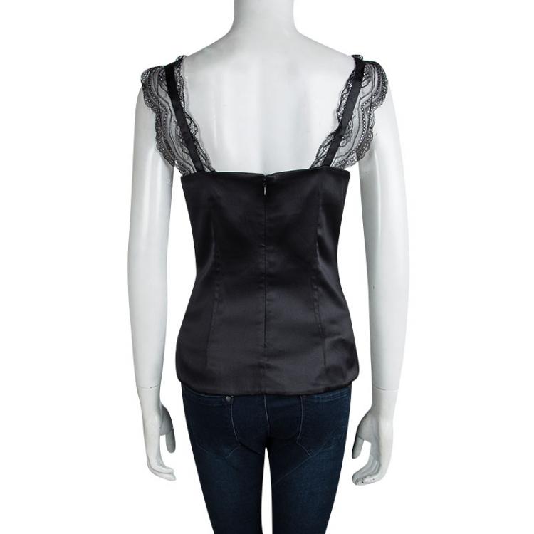 Pre Owned Dolce And Gabbana Black Silk Scallop Lace Detail Sleeveless Top M