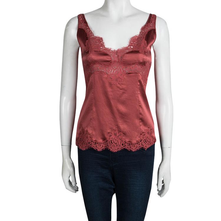 Pre Owned Dolce and Gabbana Red Silk Lace Detail Sleeveless Top M