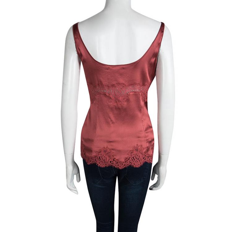 Pre Owned Dolce and Gabbana Red Silk Lace Detail Sleeveless Top M
