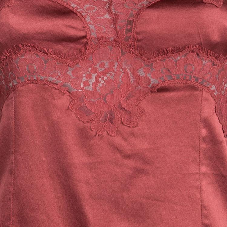Pre Owned Dolce and Gabbana Red Silk Lace Detail Sleeveless Top M