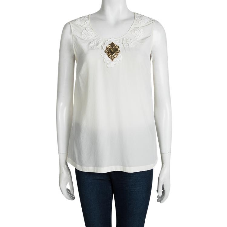 Pre Owned Dolce and Gabbana Cream Silk Lace Applique Sleeveless Top L