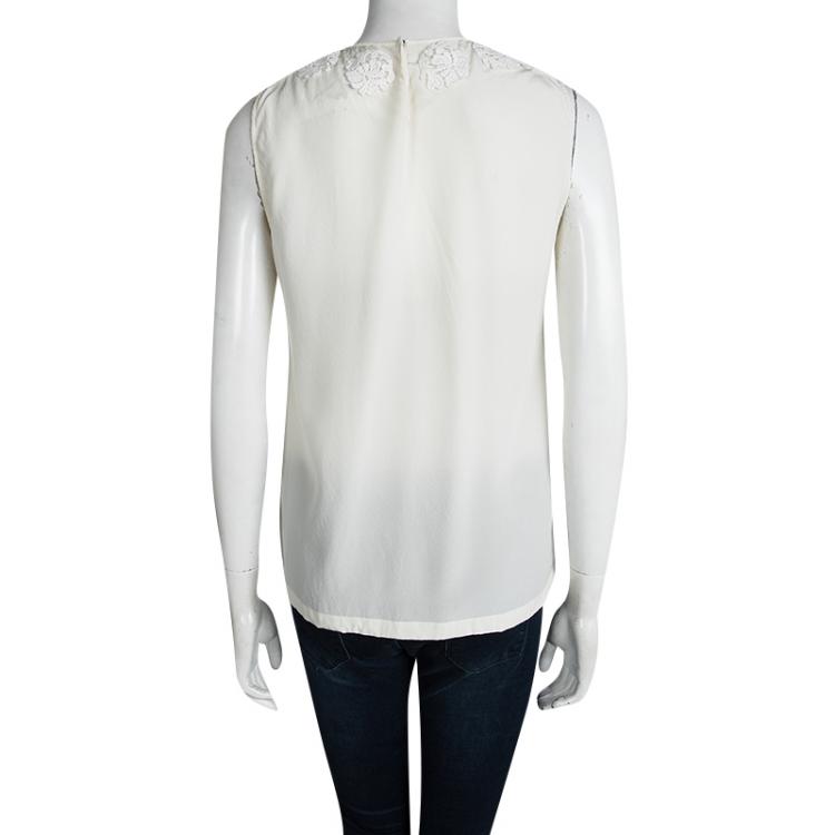 Pre Owned Dolce and Gabbana Cream Silk Lace Applique Sleeveless Top L