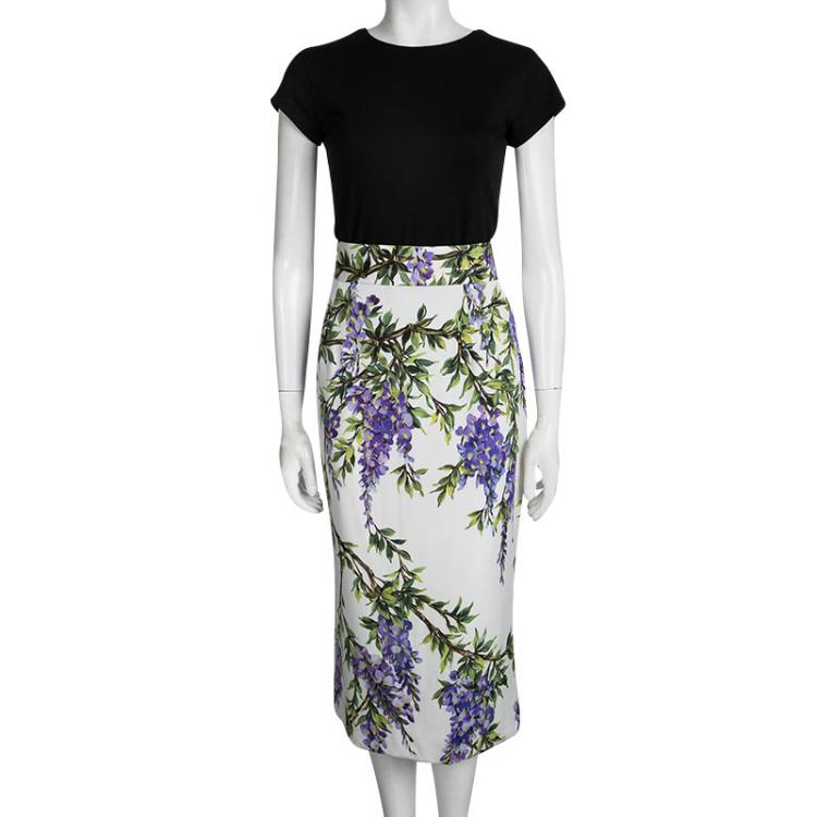 Pre Owned Dolce and Gabbana Off White Floral Printed Silk Midi Skirt L