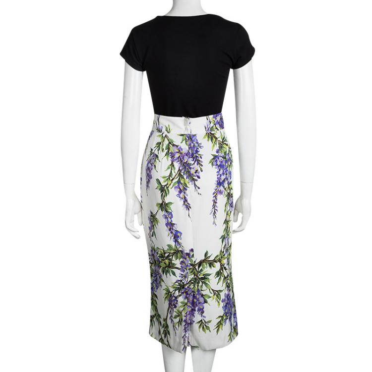 Pre Owned Dolce and Gabbana Off White Floral Printed Silk Midi Skirt L