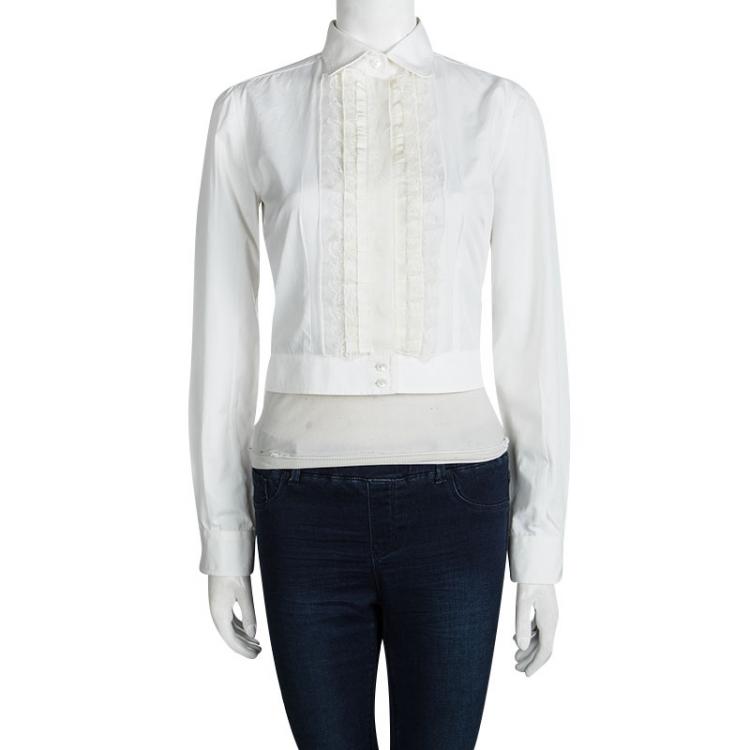 Pre Owned Dolce and Gabbana Off White Lace Frill Detail Long Sleeve Cropped Shirt S