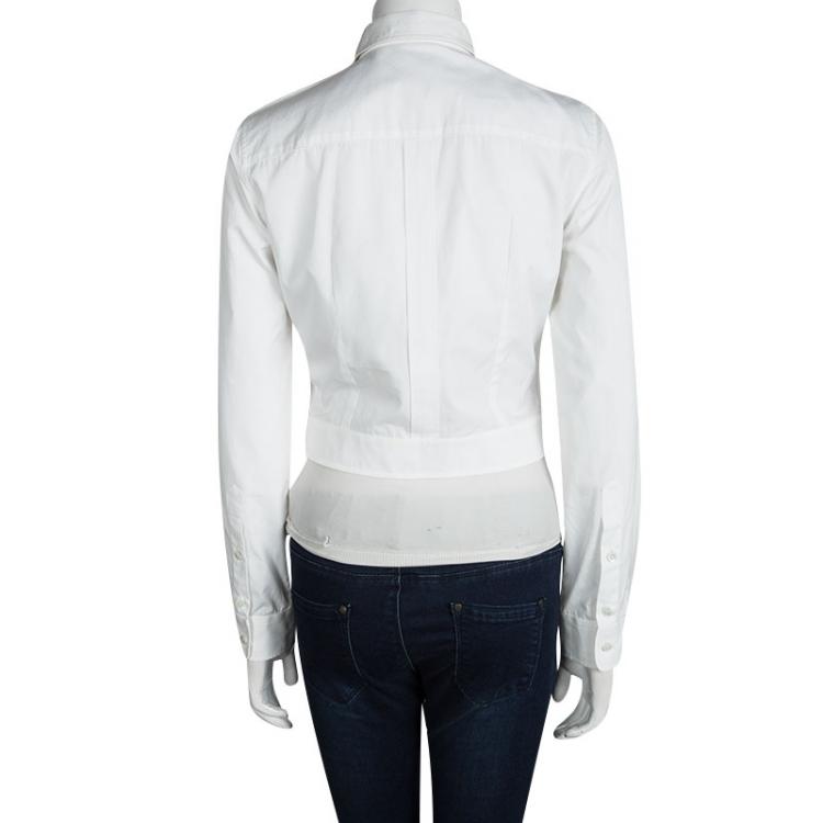 Pre Owned Dolce and Gabbana Off White Lace Frill Detail Long Sleeve Cropped Shirt S