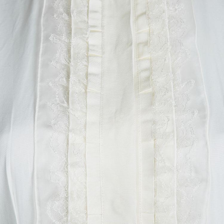 Pre Owned Dolce and Gabbana Off White Lace Frill Detail Long Sleeve Cropped Shirt S