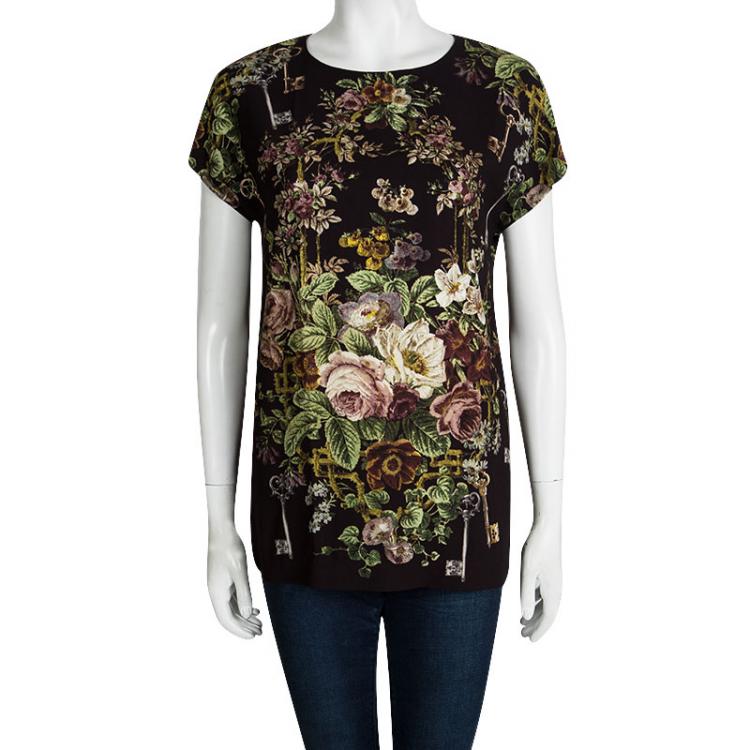 Pre Owned Dolce and Gabbana Burgundy Floral Printed Short Sleeve Top S