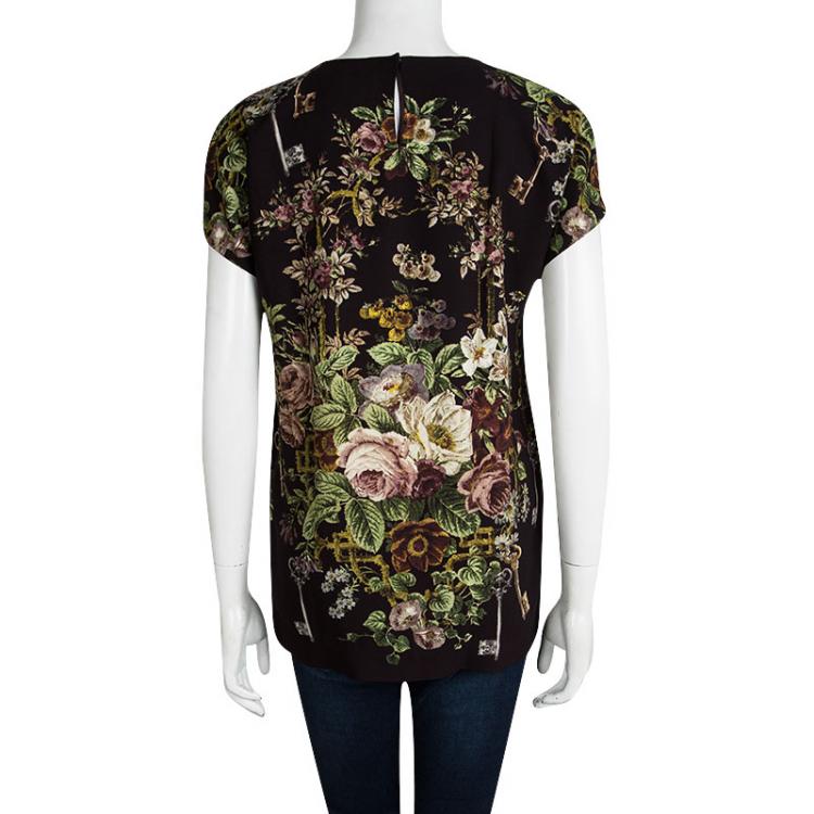 Pre Owned Dolce and Gabbana Burgundy Floral Printed Short Sleeve Top S