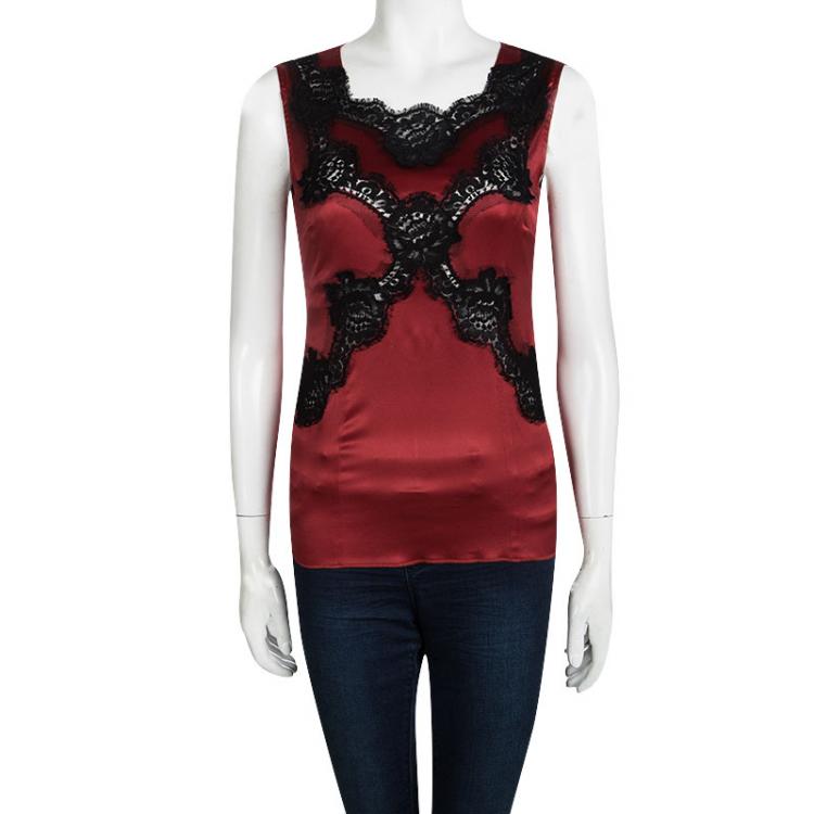 مملوكة مسبقًا Dolce and Gabbana Red Silk Scallop Lace Detail Sleeveless Top S