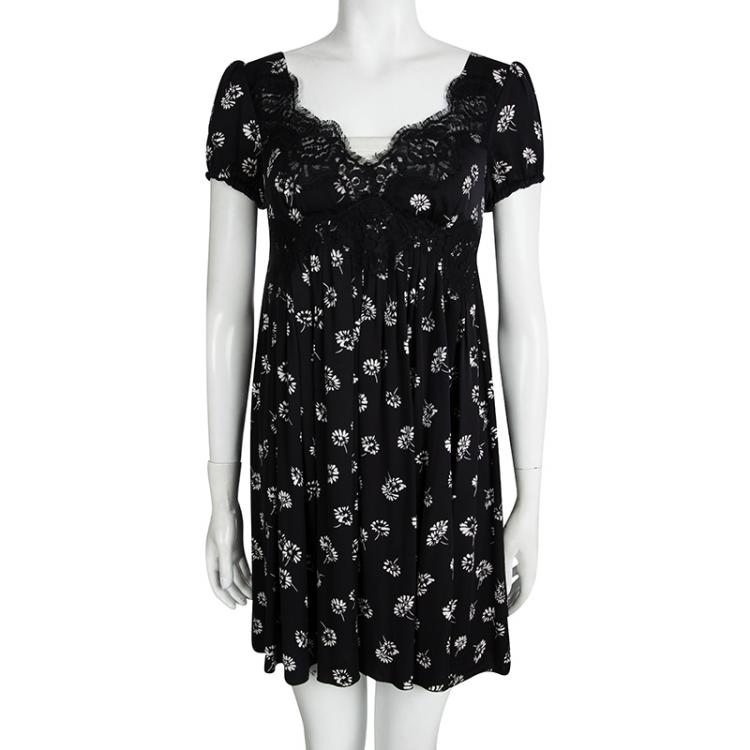 Pre Owned Dolce and Gabbana Black Printed Silk Scallop Lace Detail Dress S