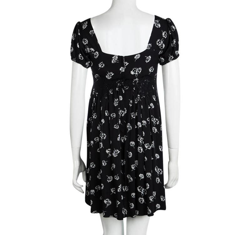 Pre Owned Dolce and Gabbana Black Printed Silk Scallop Lace Detail Dress S