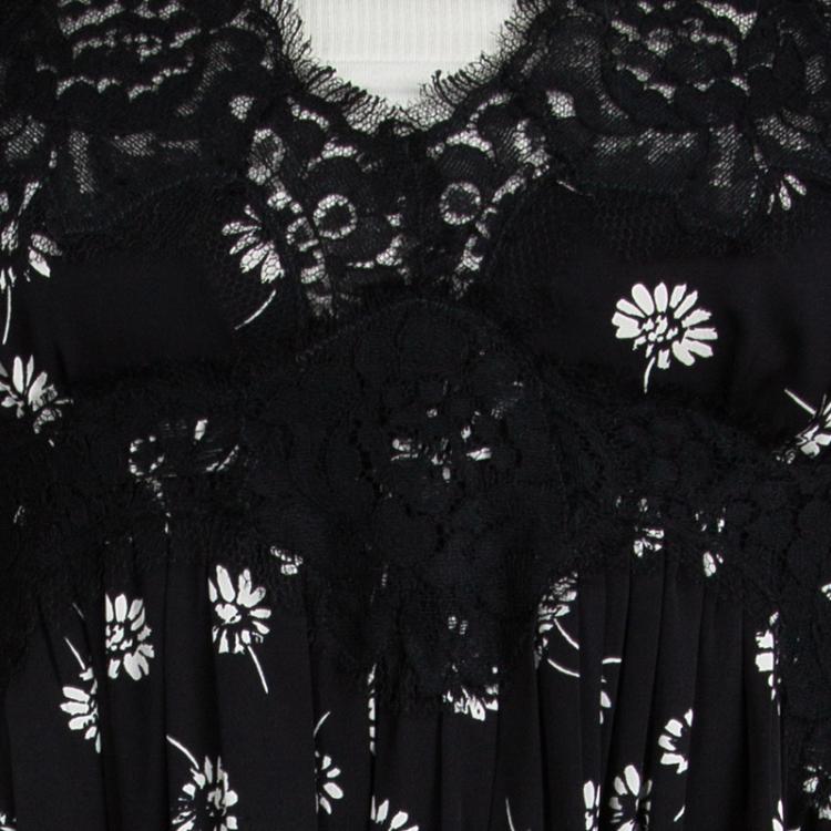 Pre Owned Dolce and Gabbana Black Printed Silk Scallop Lace Detail Dress S