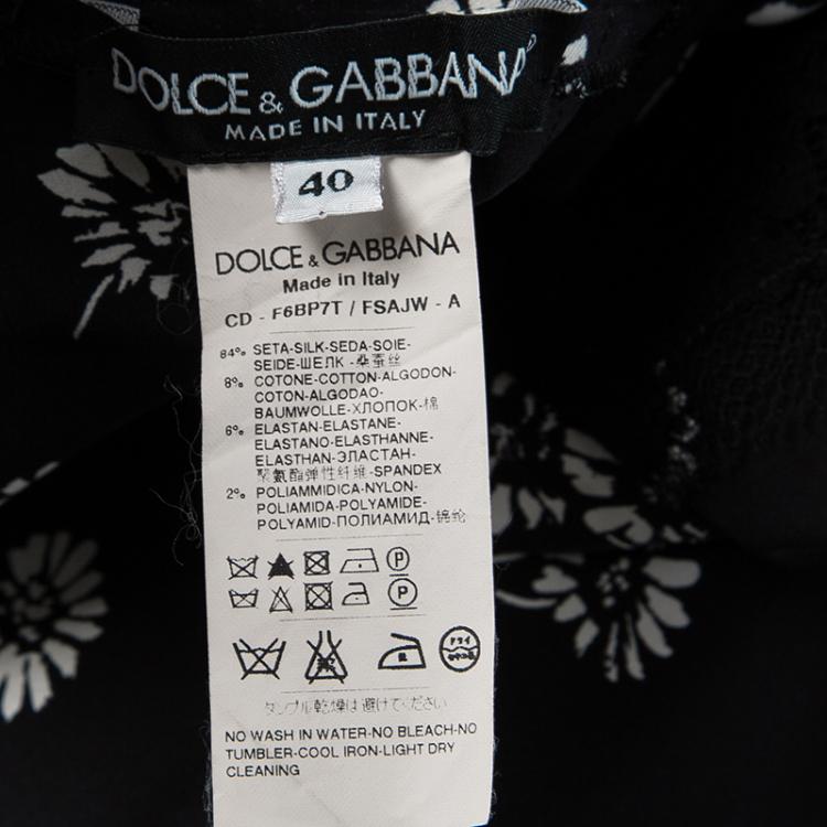 Pre Owned Dolce and Gabbana Black Printed Silk Scallop Lace Detail Dress S