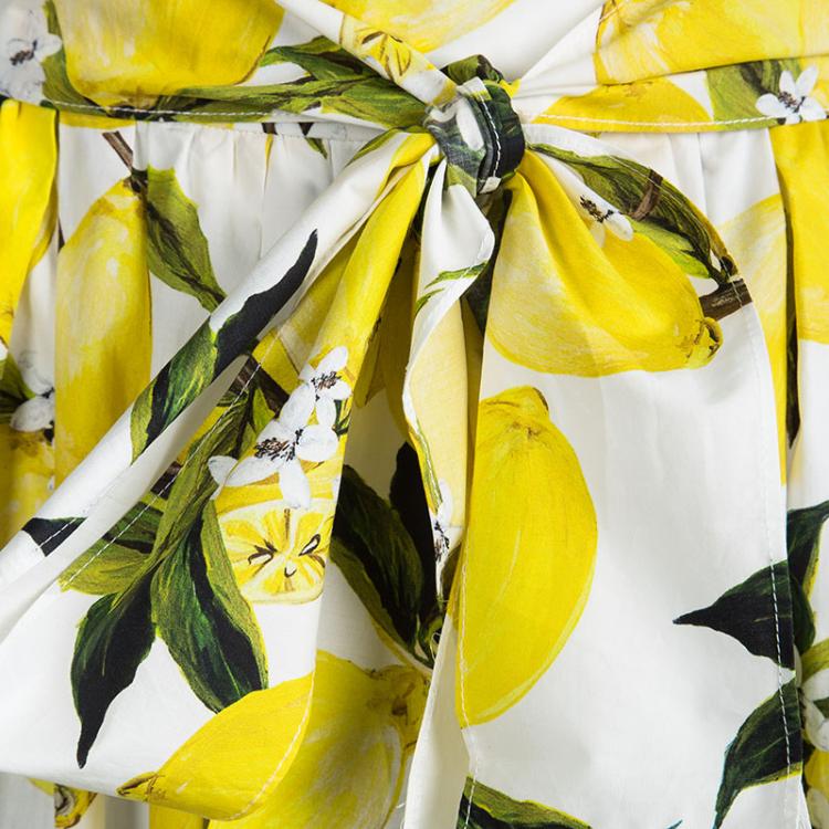 Pre Owned Dolce and Gabbana Lemon Printed Cotton Gathered Belted Maxi Skirt L
