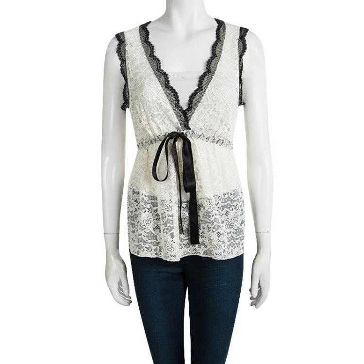 Pre Owned Dolce and Gabbana Cream Lace Waist Tie Detail Sleeveless Top M
