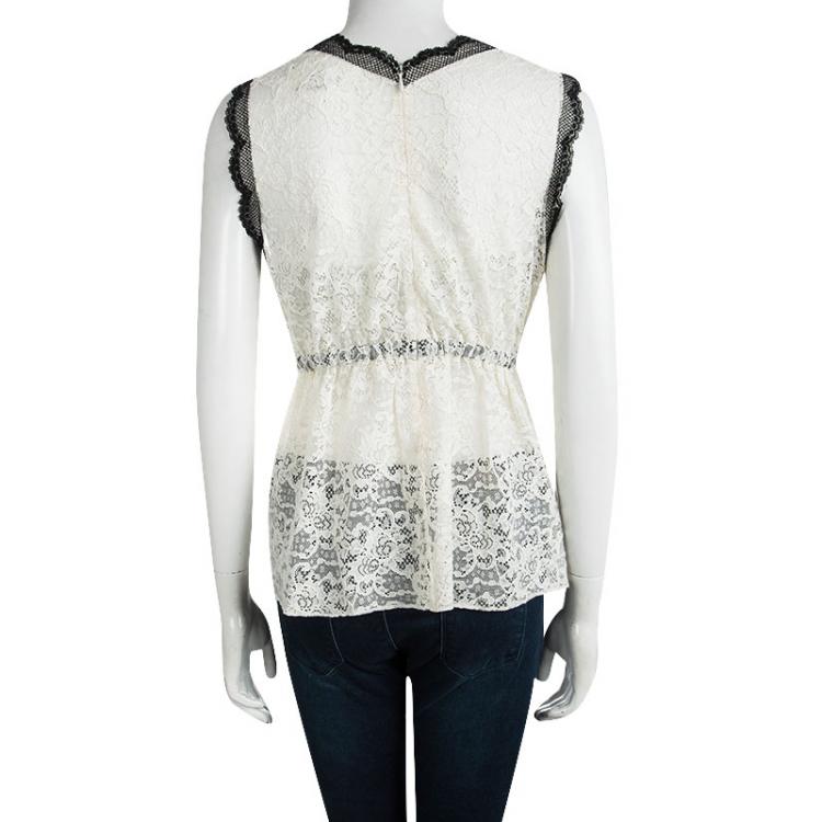 Pre Owned Dolce and Gabbana Cream Lace Waist Tie Detail Sleeveless Top M