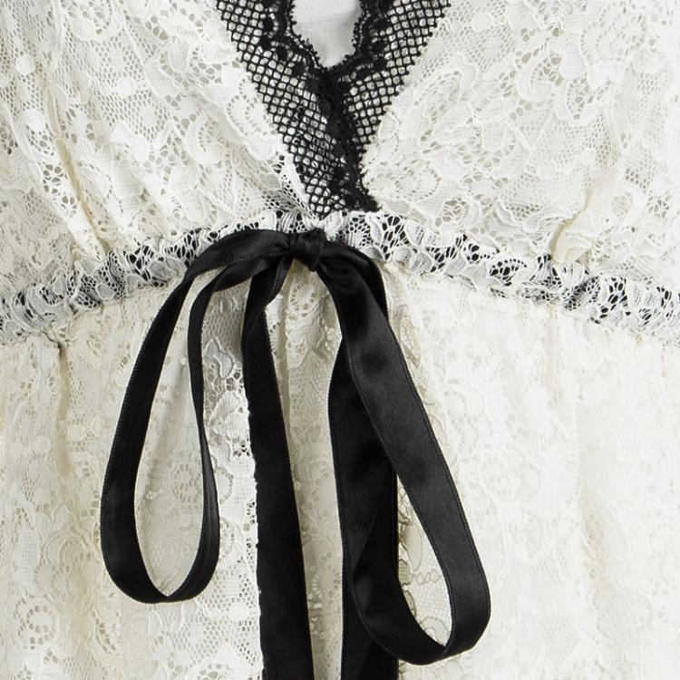 Pre Owned Dolce and Gabbana Cream Lace Waist Tie Detail Sleeveless Top M