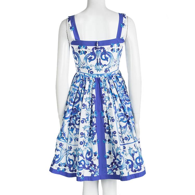 Pre Owned Dolce and Gabbana Majolica Print Square Neck Sleeveless Cotton Dress M