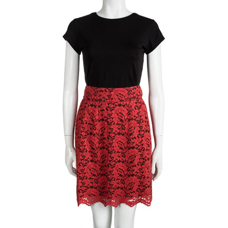 Pre Owned Dolce and Gabbana Red Lace Scalloped Bottom Skirt S