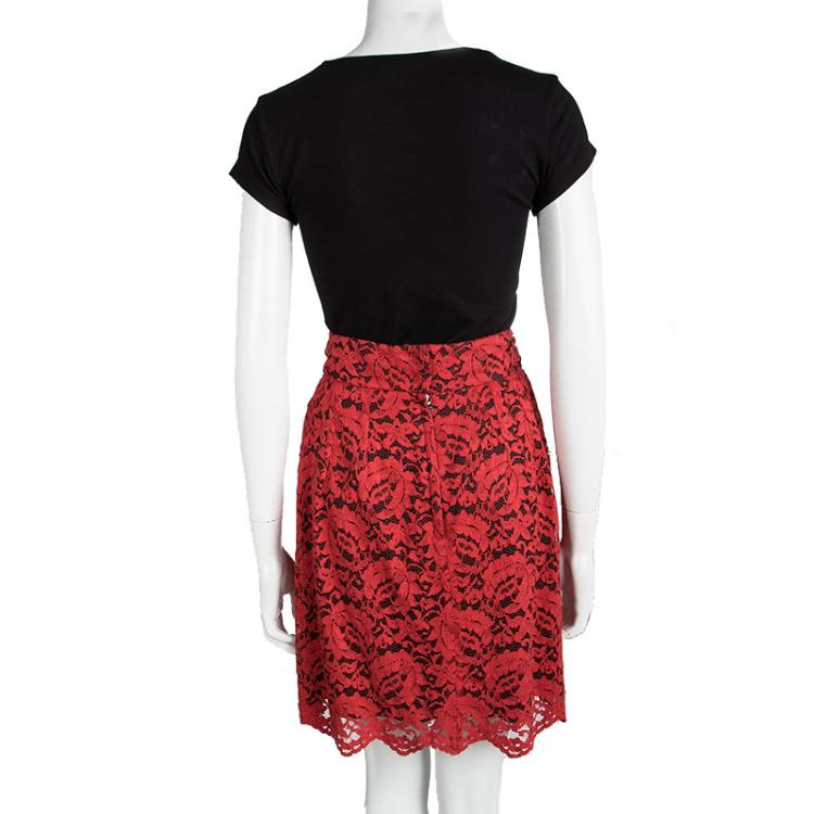 Pre Owned Dolce and Gabbana Red Lace Scalloped Bottom Skirt S