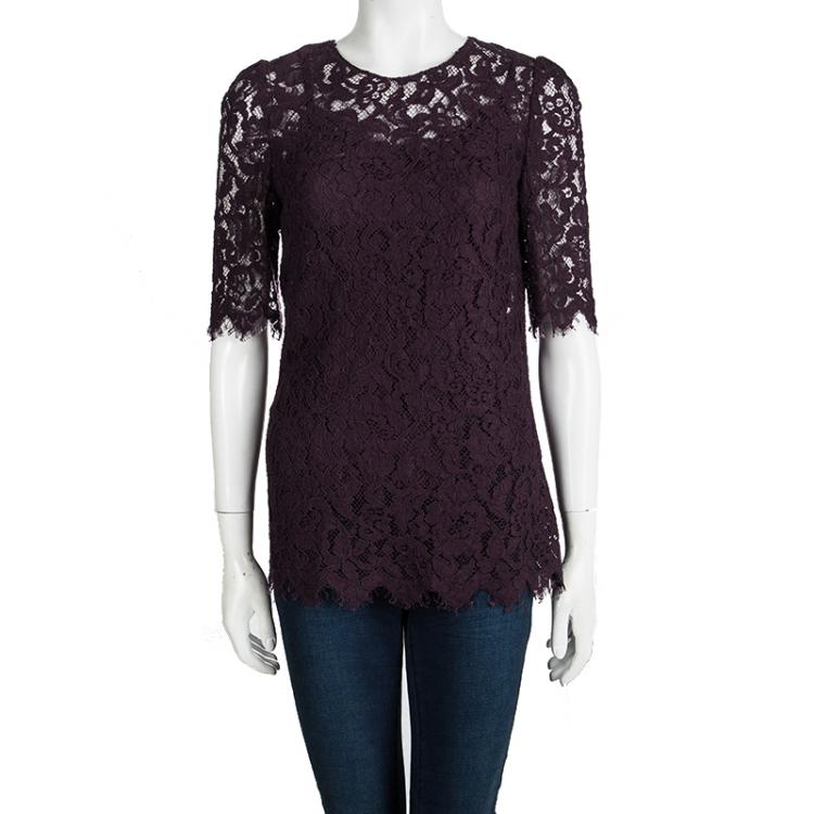 Pre Owned Dolce and Gabbana Burgundy Floral Lace Short Sleeve Top S