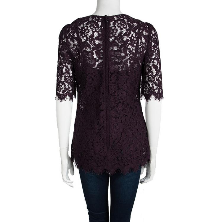 Pre Owned Dolce and Gabbana Burgundy Floral Lace Short Sleeve Top S