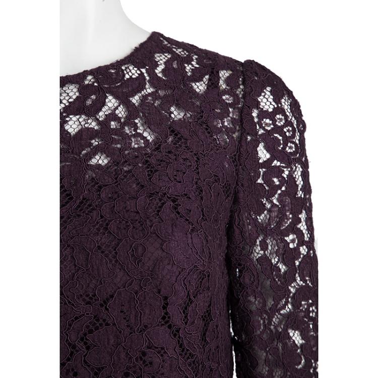 Pre Owned Dolce and Gabbana Burgundy Floral Lace Short Sleeve Top S